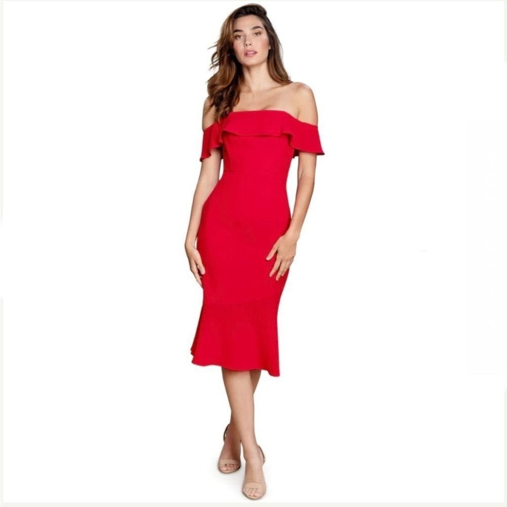 Dress the Population NWT FAYE Off Shoulder Ruffle Midi Dress Strapless Rouge Red